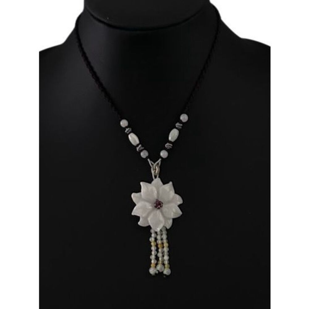 Vintage Burmese Jade Flower Tassel Beaded Necklace 26" White Pendant Black Cord